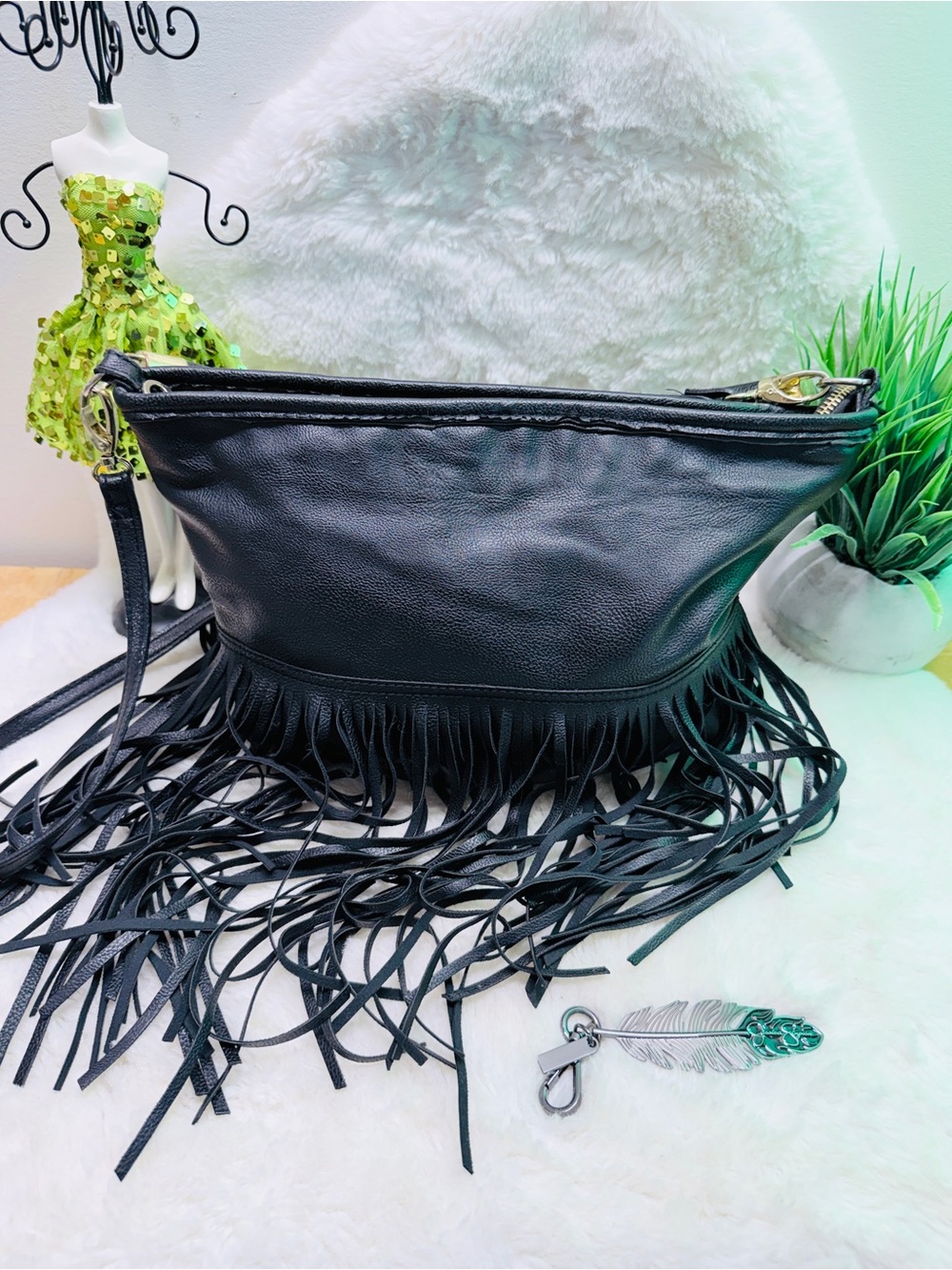 H&M Black Leather Fringe Crossbody Bag